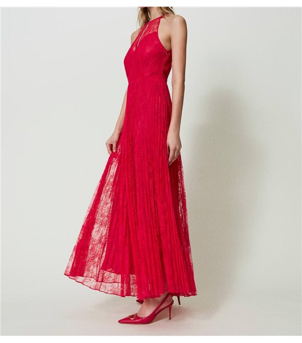 Pleated and lace dress - strawberry