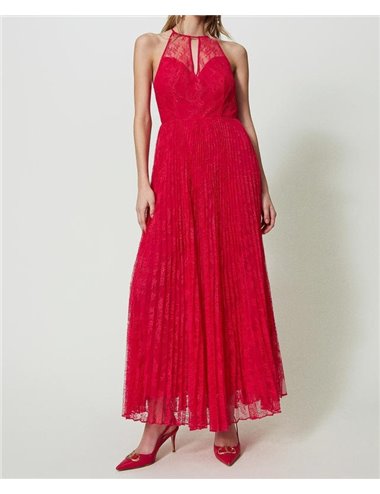 Pleated and lace dress - strawberry