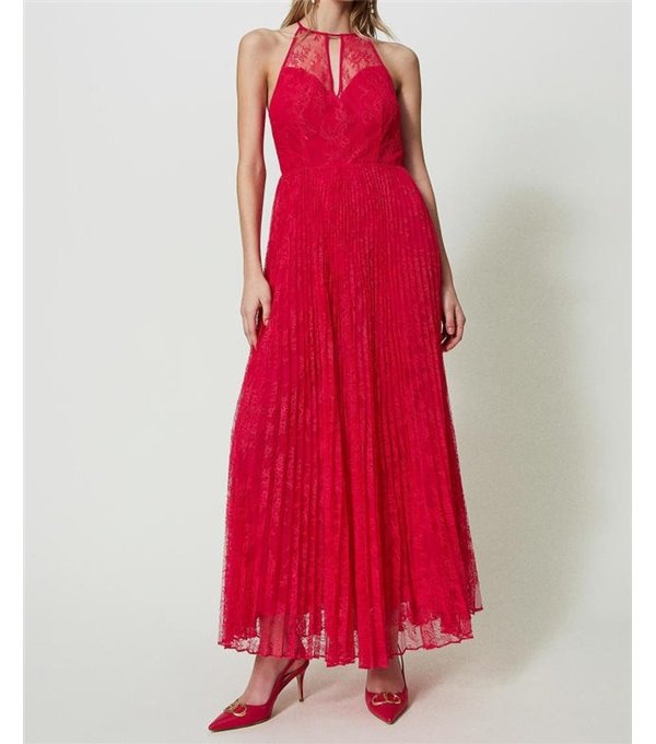 Pleated and lace dress - strawberry