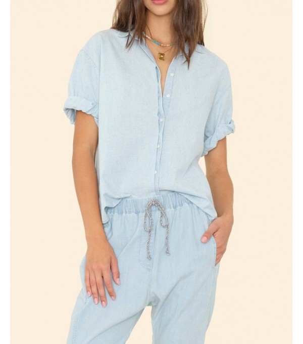 CHANNING - Camisa manga corta denim fino - celeste